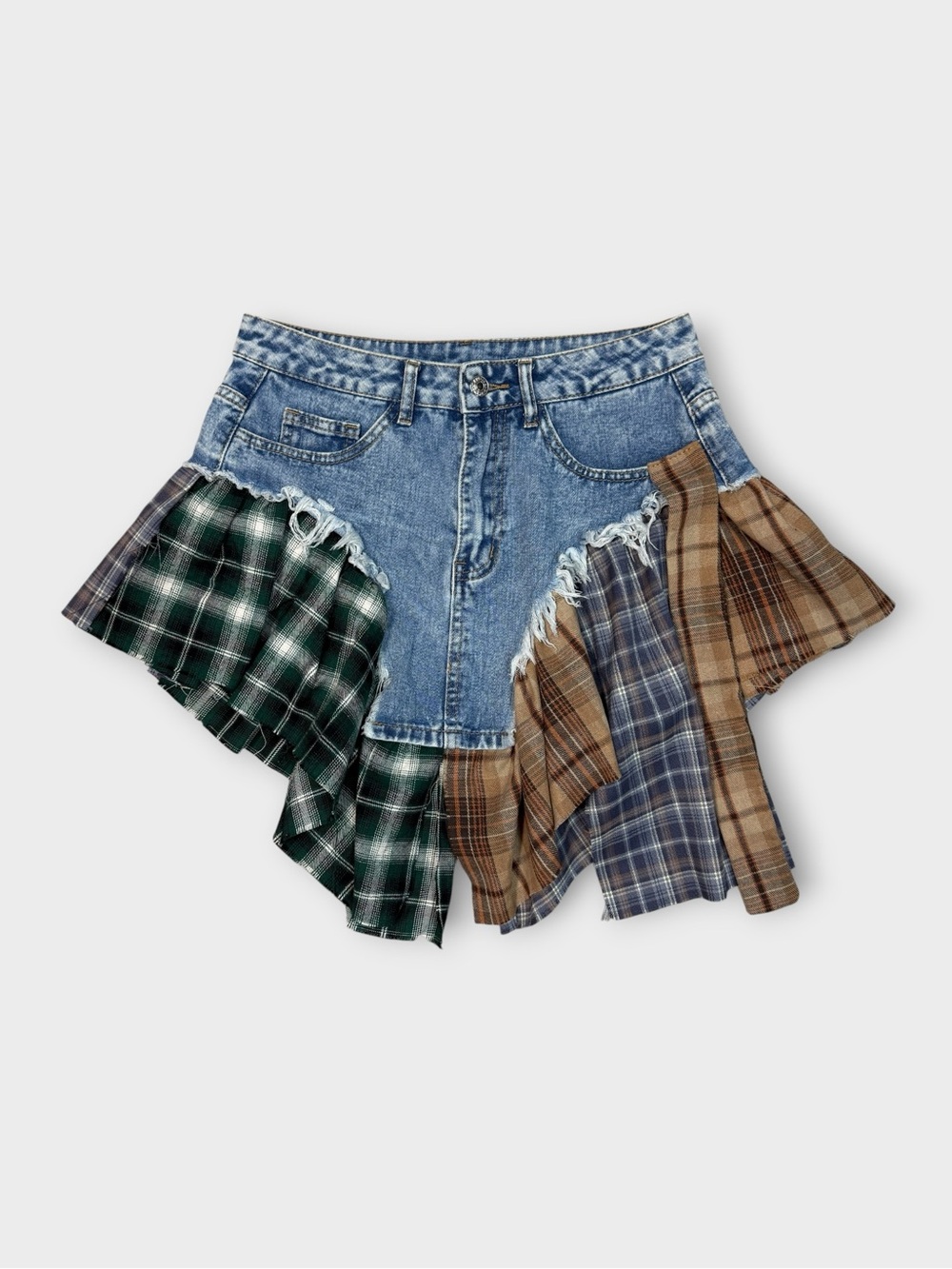 Upcycled 1-of-1 Denim & Plaid Flannel Mini Skirt